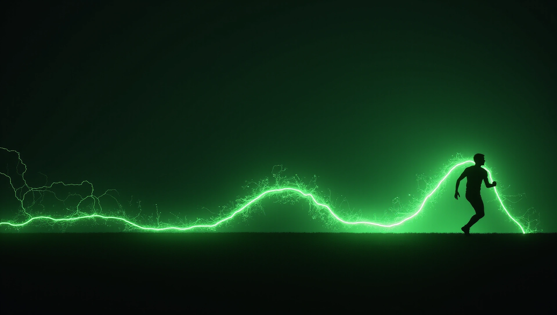Modernong abstract green energy lines at silhouette ng isang aktibong lalaki